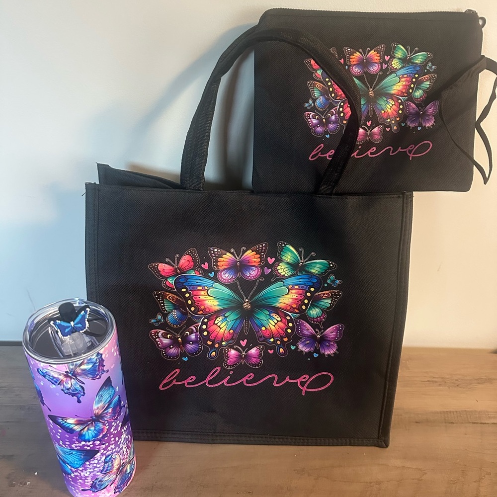 Black and Purple Butterfly Tote Bag Set